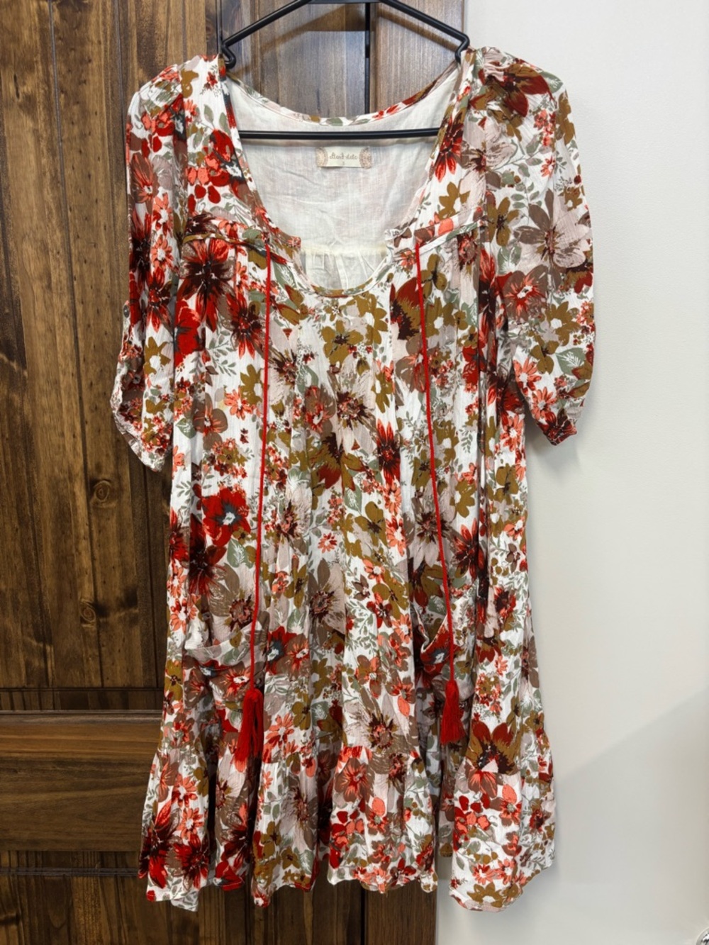 Altar'd State Cream Floral Tie-Front Dress with Red & Olive Accents